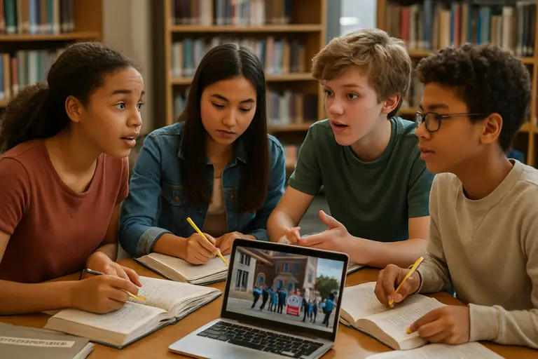 Students discussing public information in a school library