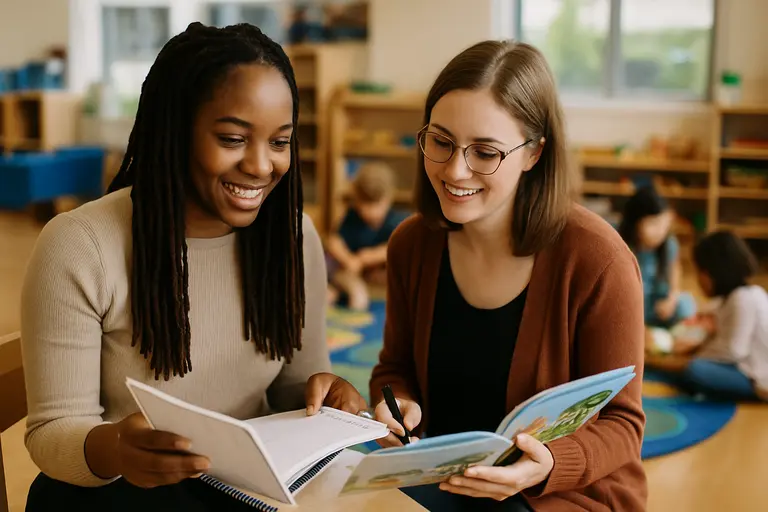 Teacher and therapist reviewing classroom materials beside a Pre-K play area