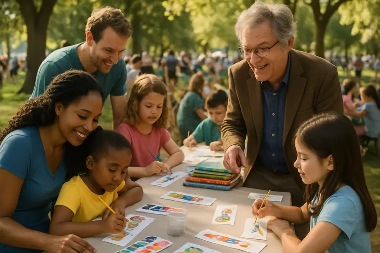 Caregiver and child reading together in a quiet community space