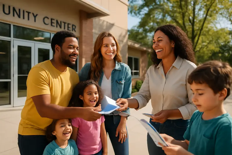 Caregiver writing enrollment questions while a child reads nearby