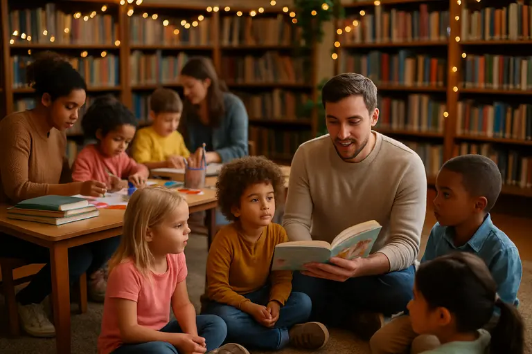 Family and teacher discussing books during an elementary school meeting