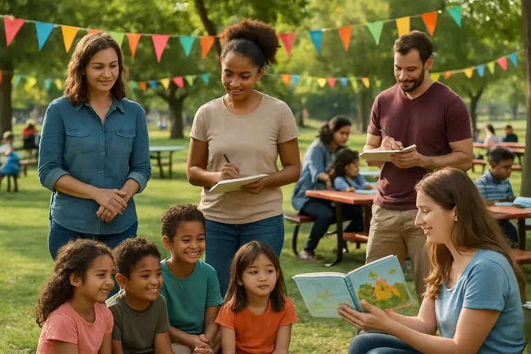 Library table with children’s books and adult education materials