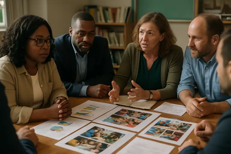 School and college partners discussing teacher preparation plans at a table