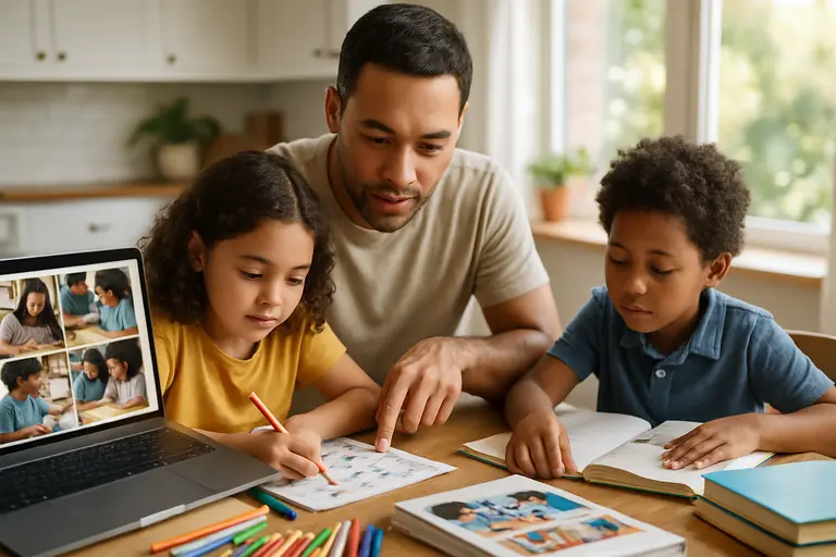 Homeschool materials arranged with books, pencils, and a family planner