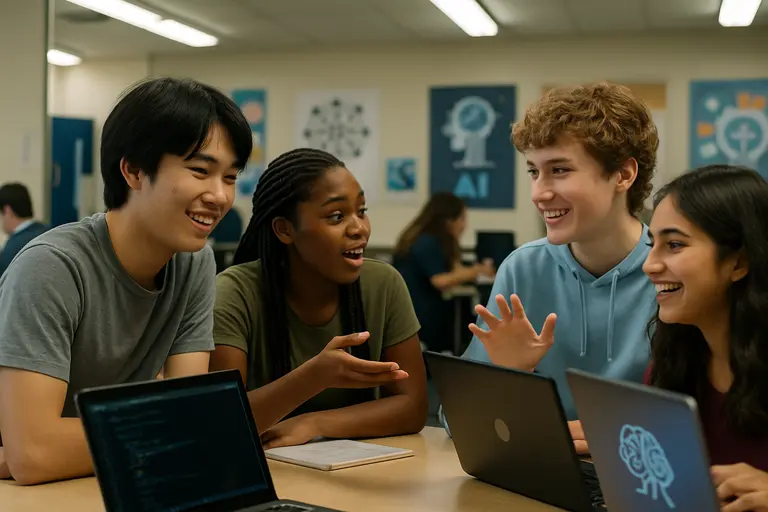 High school students discussing technology ethics in a small group