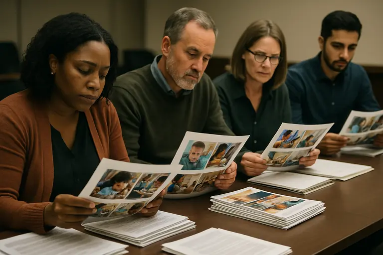 Teacher comparing reading samples and progress notes at a desk