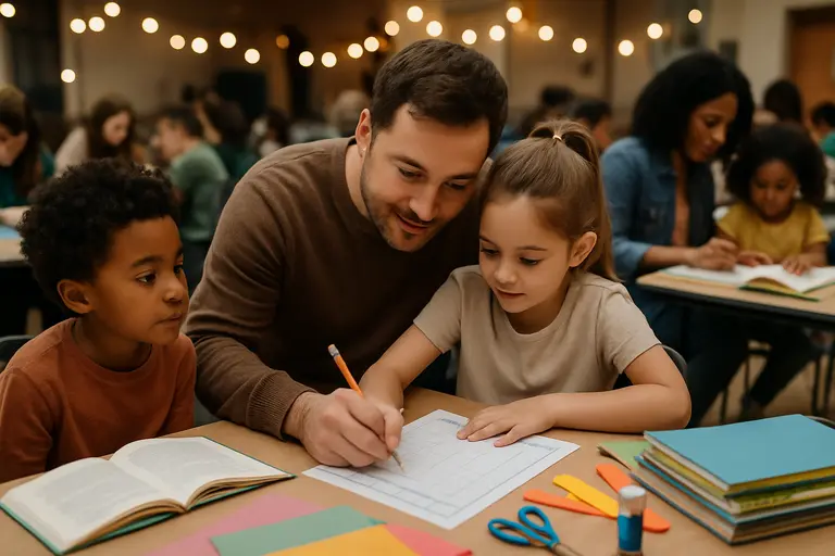 Family and teacher discussing a child’s reading folder