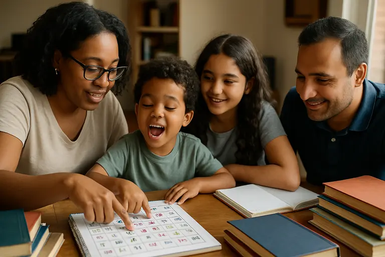 Family choosing children’s books with a librarian in a bright reading area