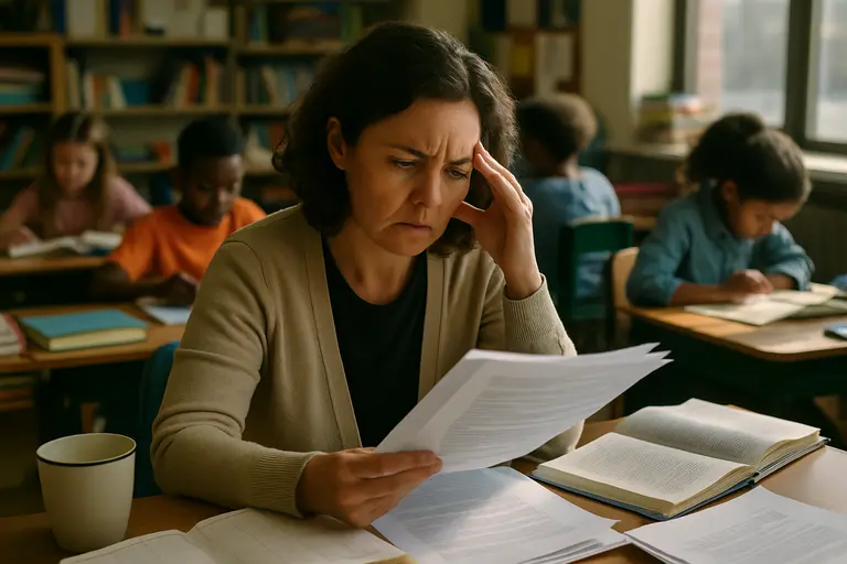 Teacher sorting assessment notes before revising a math lesson