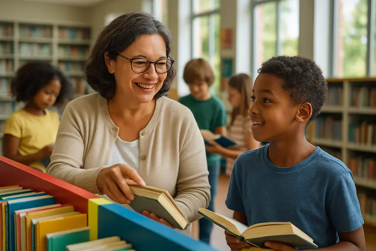 Children reading with an adult in a small group near classroom bookshelves