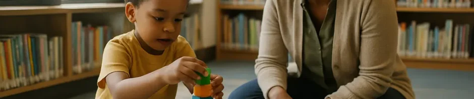 Children and caregivers exploring early childhood STEM activities at a library table