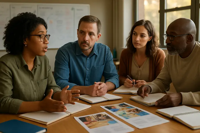 Educators reviewing curriculum notes and student project materials around a table