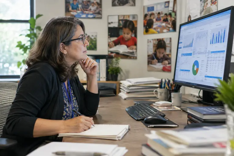 Faculty members review student progress charts in a meeting room