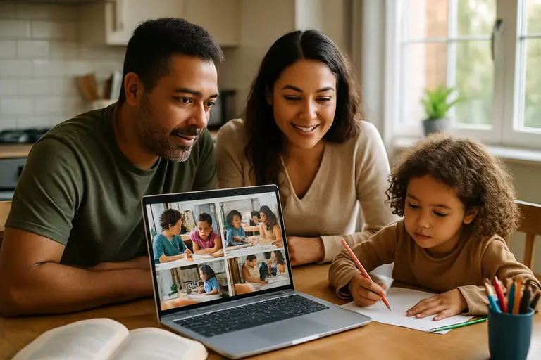 Family and educator reviewing preschool forms together