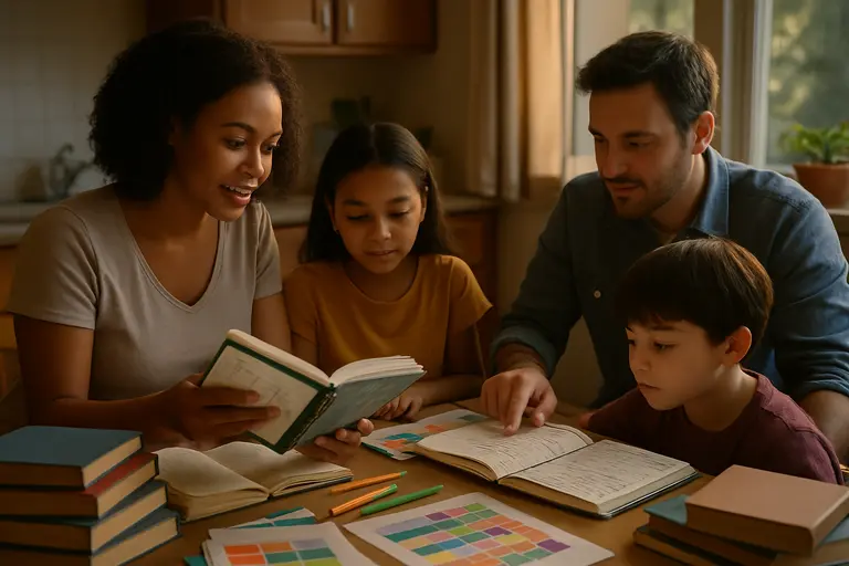 Family and teacher looking at a child’s reading folder together