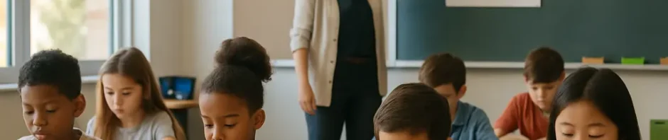 Teacher reviewing federal literacy funding plans with reading materials at a table