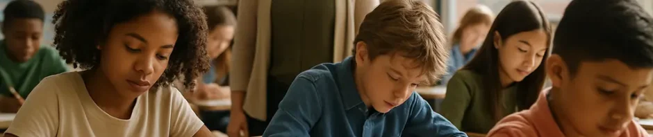 Teacher reviews International Test Scores with middle school students at a classroom table