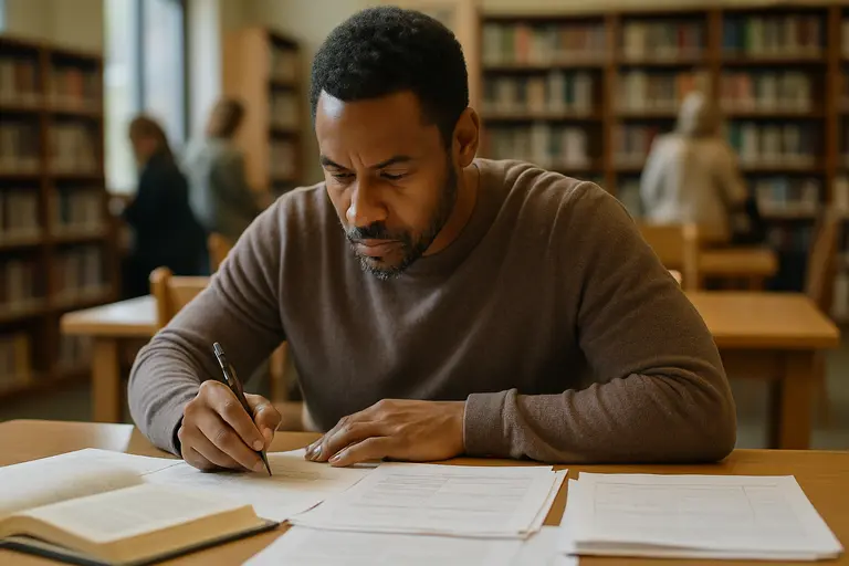 Library staff member pointing to adult learning resources on a desk