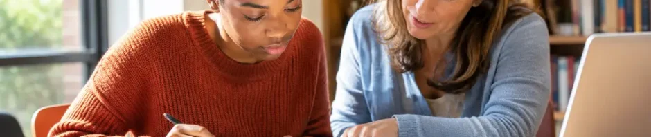 Parent reviewing Local Education Priorities with literacy books at a homeschool table