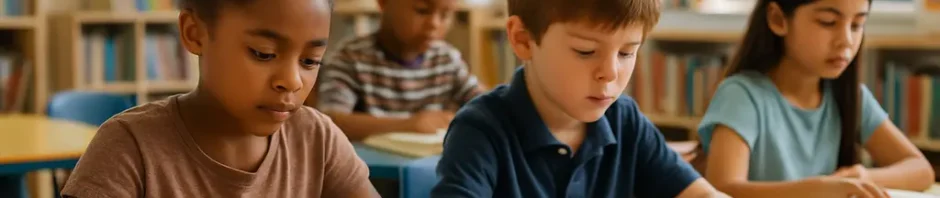 Teacher reviewing NWEA Reading Scores with books and notes on a classroom table