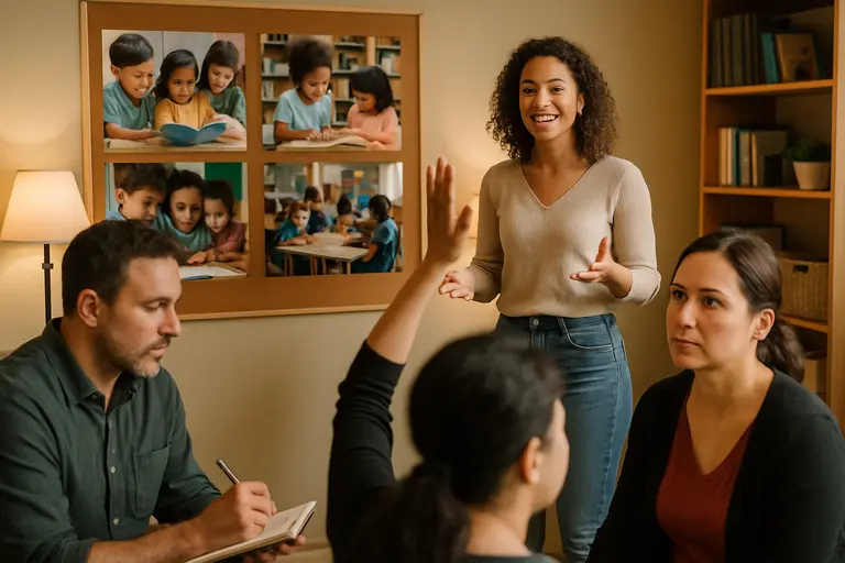 Parent and educator discussing a child's reading progress at a school table