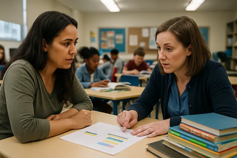 Parent and teacher reviewing a reading plan during a school conference