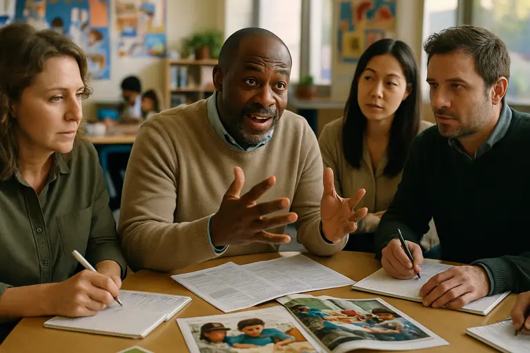 Students examining civic documents with a teacher in a social studies classroom